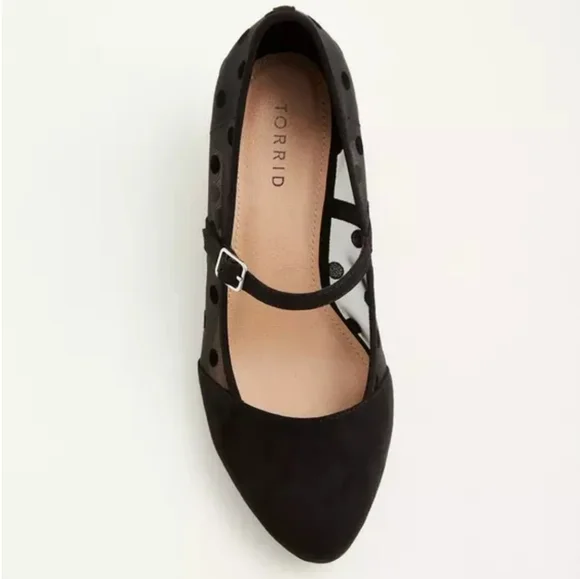Size 12 wide Torrid Polka Dot mesh mini Wedge black sandals shoes - Picture 3 of 8